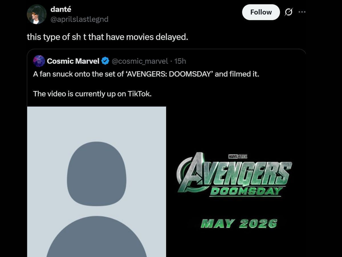 Netizen comments on the alleged Avengers: Doomsday leak. (Image via X/@aprilslastlegnd)